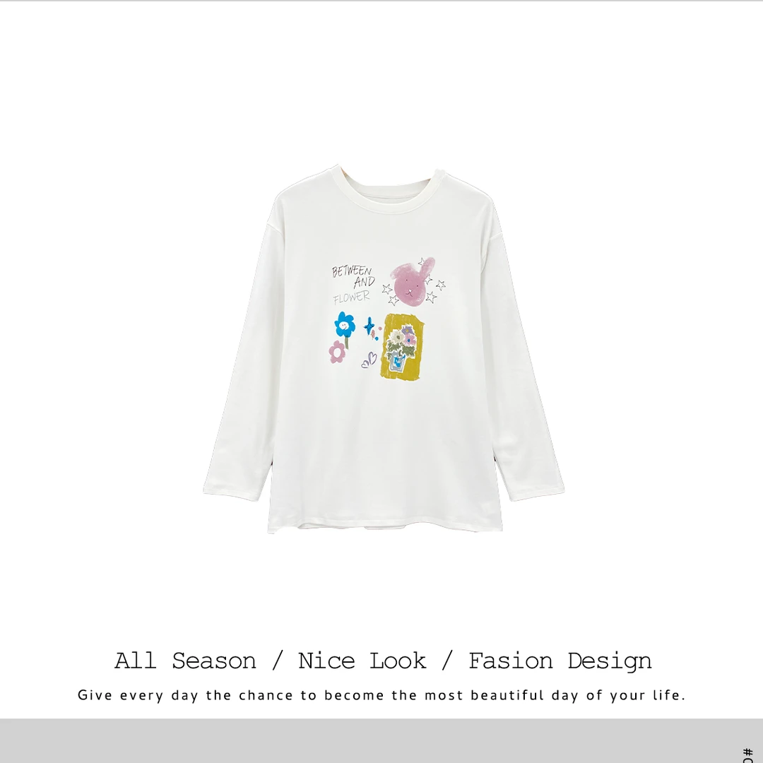 700  时尚白色圆领休闲春季套头纯色百搭下摆打底长袖#29824