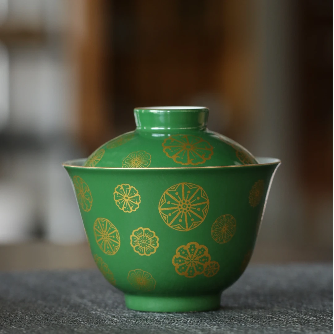 景德镇全手工陶瓷盖碗祖母绿皮球花泡茶高档绿盖碗色釉描金茶盖碗