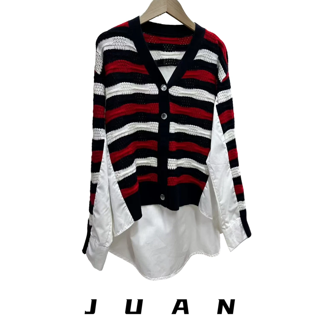 红色条纹长袖针织拼接开衫