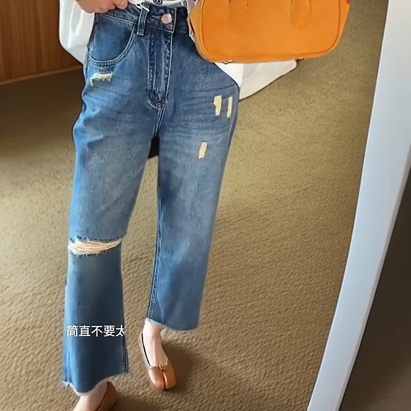 大码复古百搭破洞遮胯阔腿裤女裤春季新款高腰显瘦毛边直筒牛仔裤
