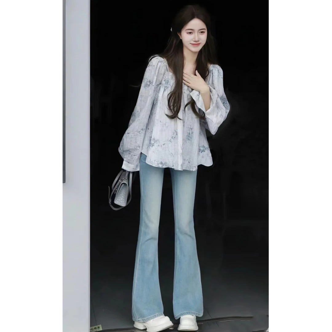 2025春新款碎花法式方领长袖衬衫宽松休闲水墨印花娃娃衫