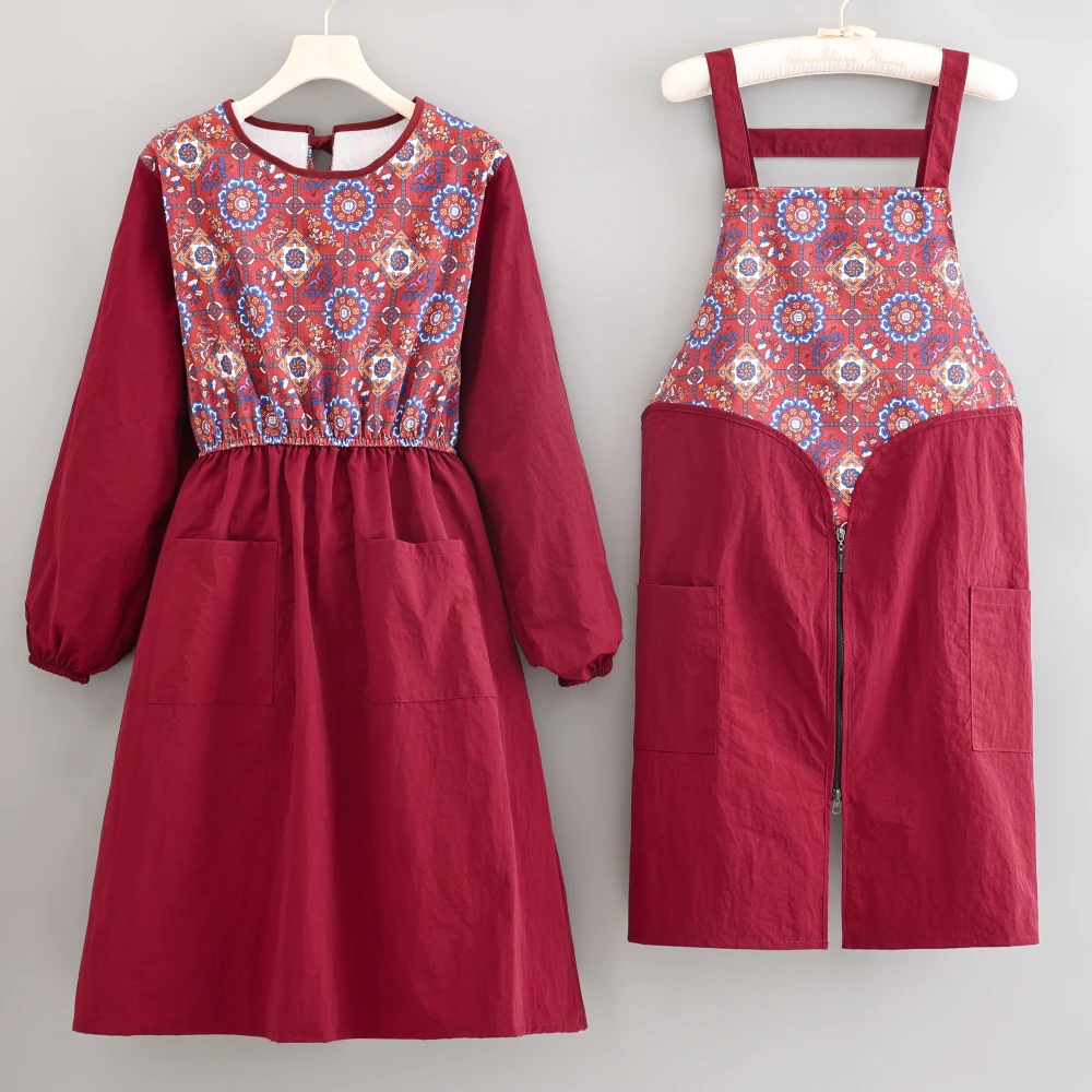 成人国风收腰长袖围裙厨房家用做饭洋气漂亮罩衣防污耐磨工作服