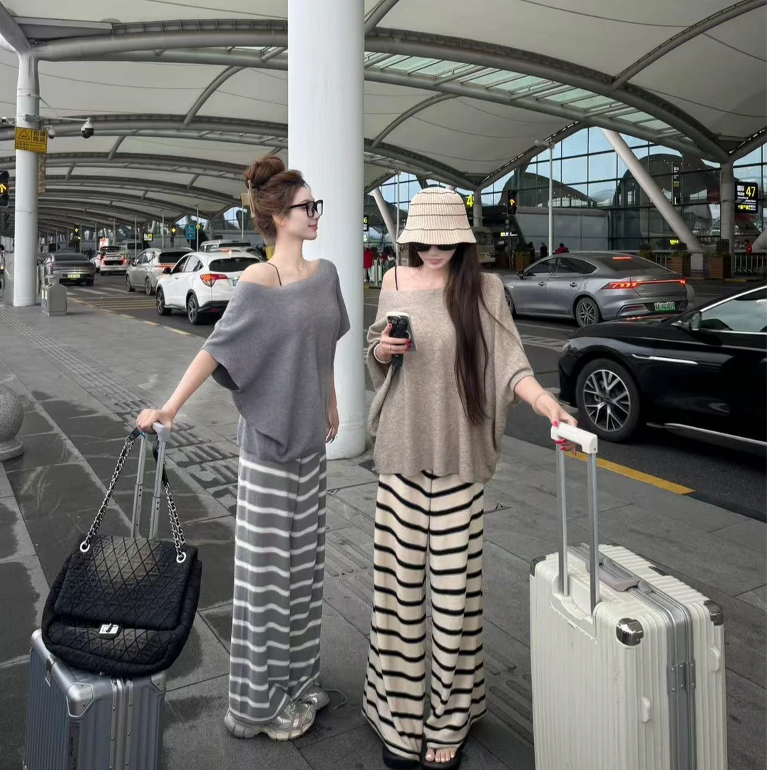 夏季冰丝镂空舒适遛弯裤 条纹针织宽松阔腿裤夏季垂感懒人休闲裤