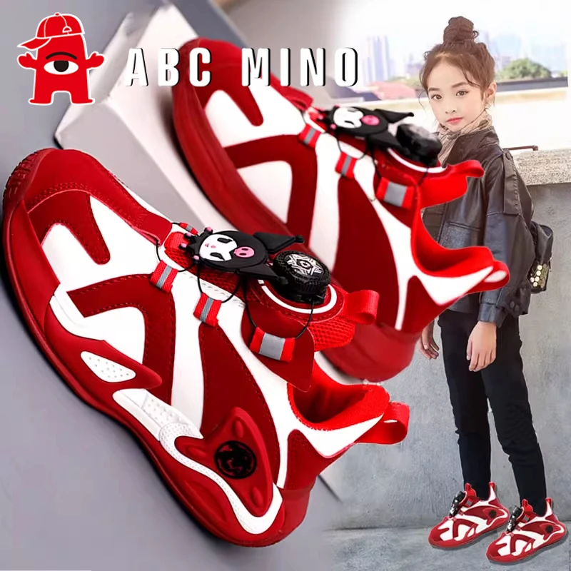 ABC MINO女童鞋子春秋2025新款红色儿童运动鞋轻便软底老爹鞋女孩