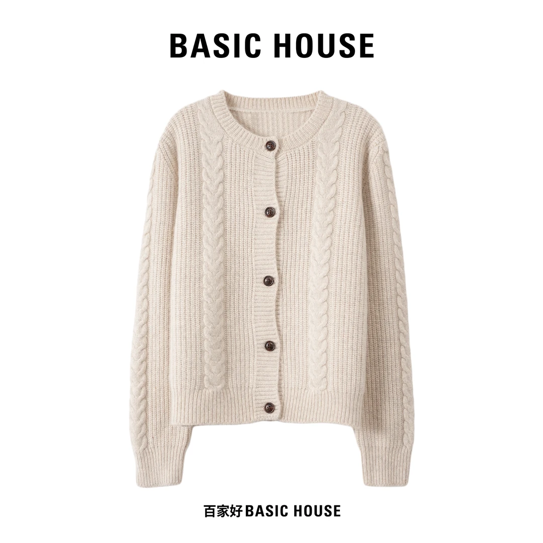 Basic House/百家好2025秋新款绞花圆领重磅纯色针织衫P632 MM