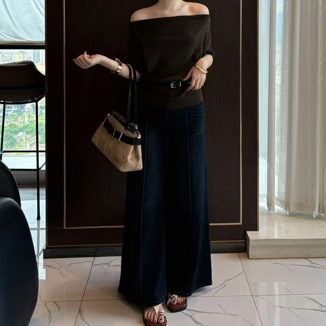 【微喇蓝调】2025秋季新款高腰直筒微喇阔腿牛仔裤阔腿裤修饰腿型