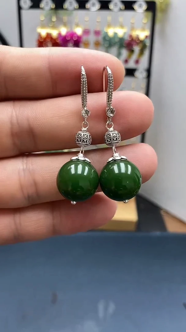 和田玉银S925镶嵌耳饰尺寸14mmA3