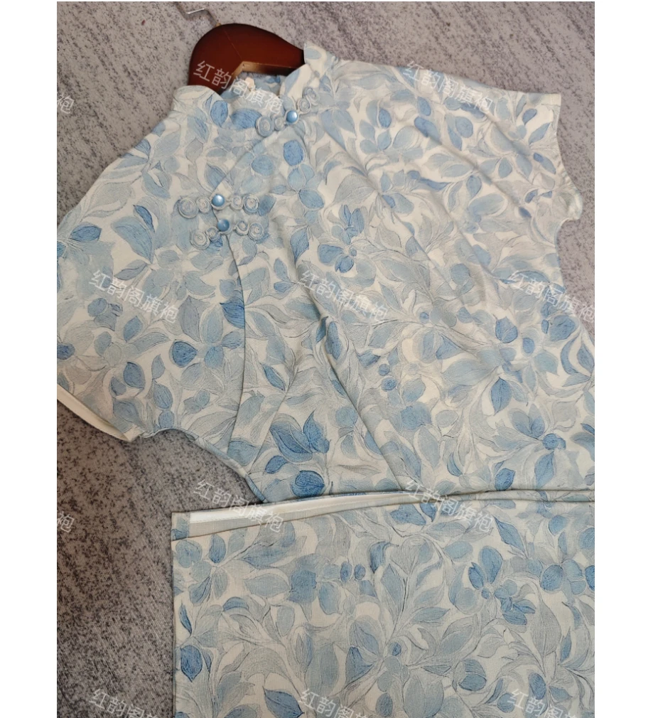 【蓝风铃】夏季中长旗袍 蓝色气质大花日常时尚少女中国风