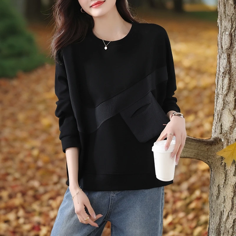 法式复古秋季新款圆领卫衣女洋气时尚胖mm拼接上衣遮肉显瘦长袖潮