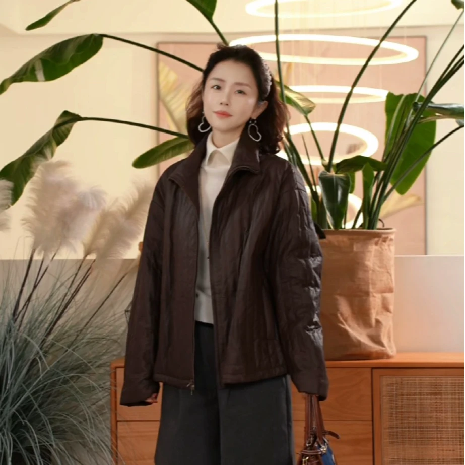 【叭哒不惑】风蝉 闭绒羊皮桑蚕丝立领拉链棉服女冬气质休闲外套