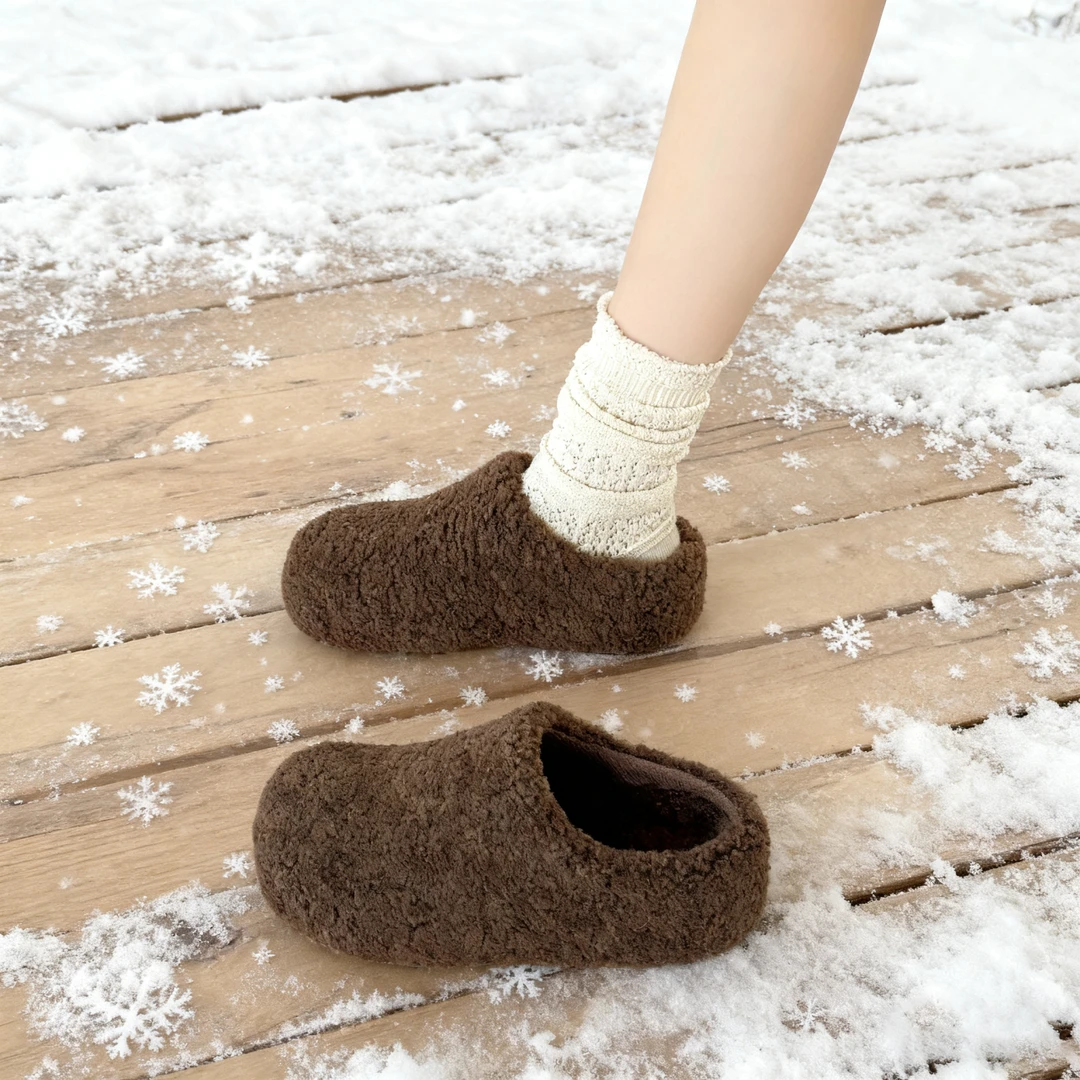 5cm加绒保暖增高半拖鞋女毛毛鞋2025秋季新款松糕百搭外穿包头棉
