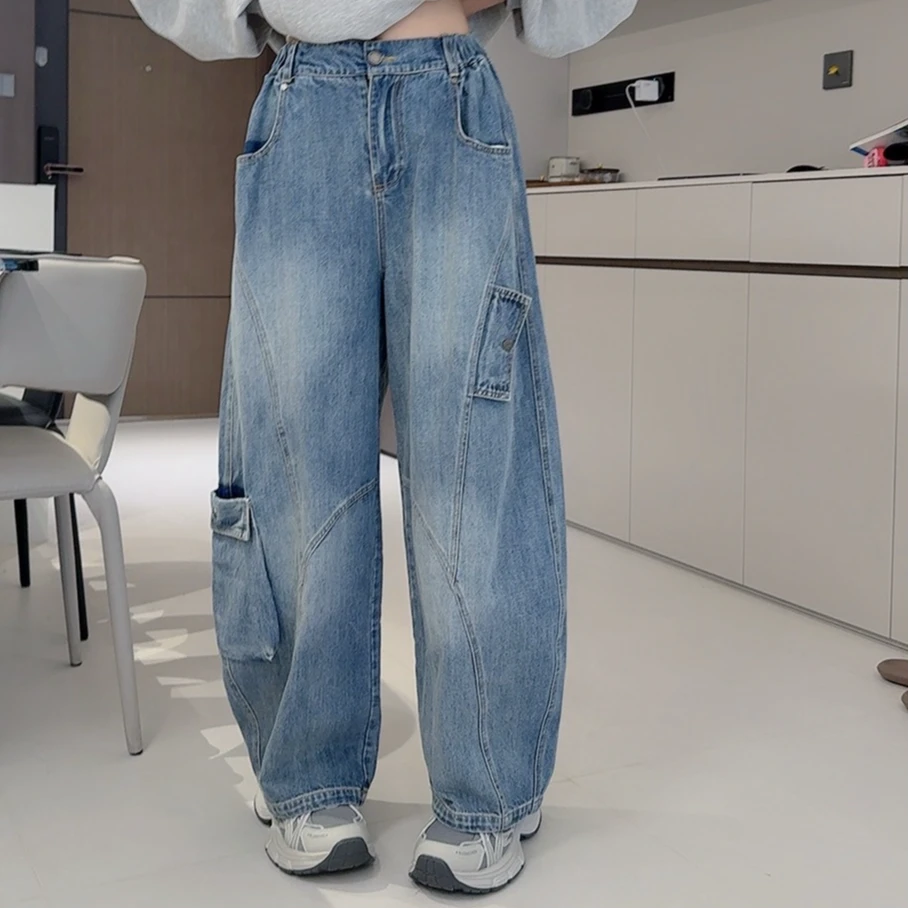 TTY 中性美式复古痞帅高级感多口袋工装砂洗牛仔弯刀阔腿裤278066