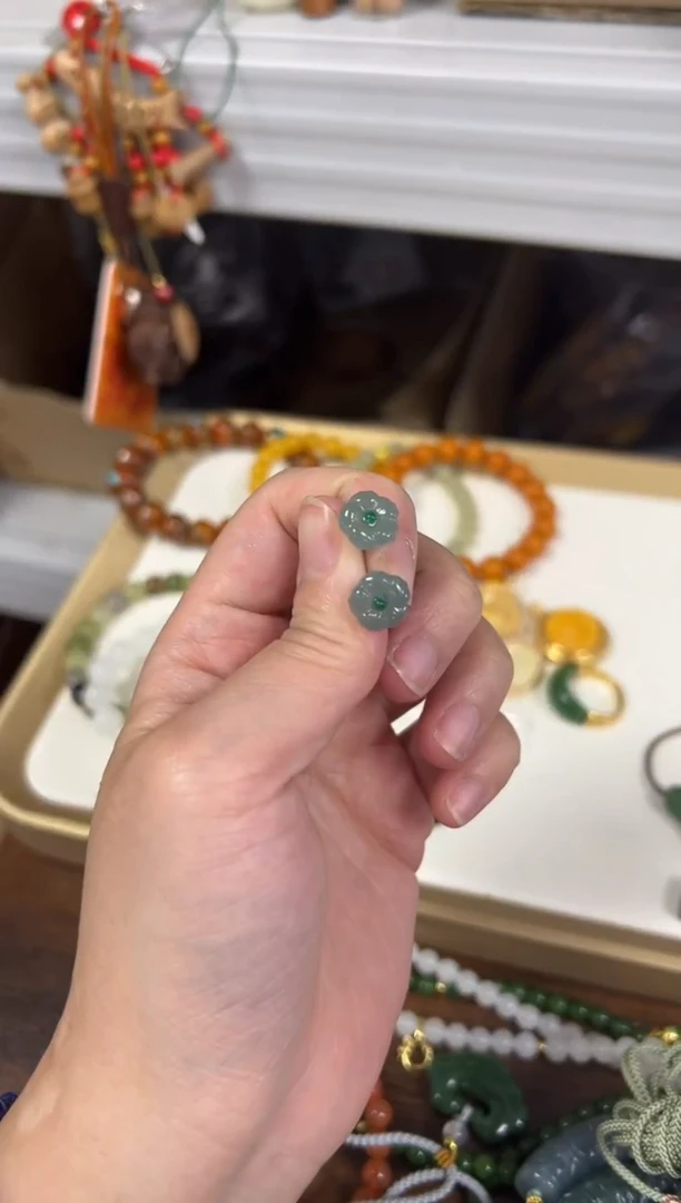 银S925镶嵌翡翠耳饰蓝水翡翠玫瑰花银镶嵌款耳钉[4687]