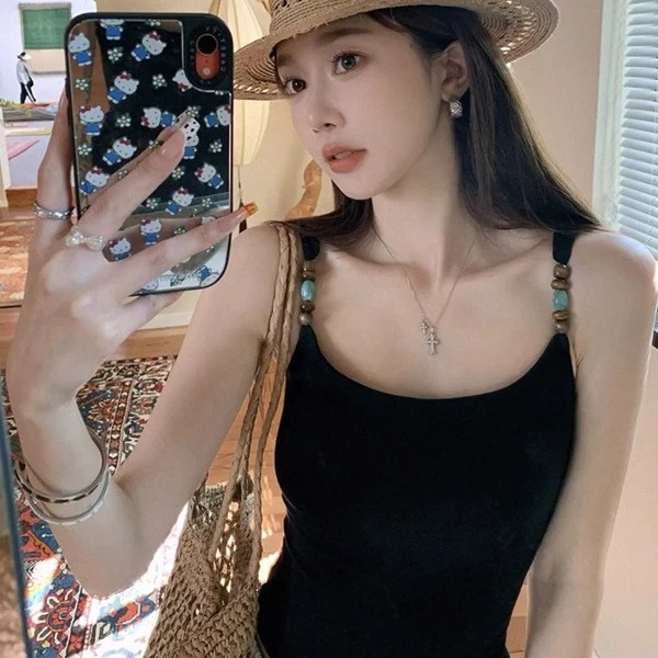 串珠法式带胸垫吊带背心女外穿夏季短款打底内搭绝美美背无袖上衣