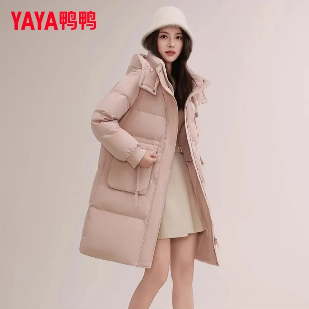 A鸭鸭正品时尚百搭长款羽绒服冬季新款宽松休闲运动外套潮流连帽