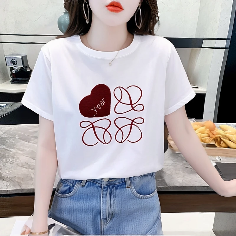 夏装纯棉正肩短袖t恤女2025新款爆款洋气字母刺绣百搭半袖上衣服