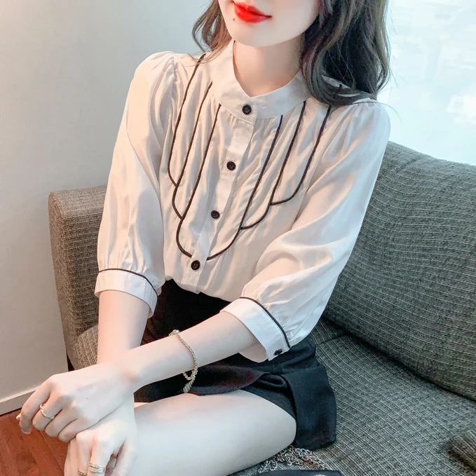 夏季薄款七分袖衬衫女装2025新款设计感气质宽松洋气百搭雪纺上衣