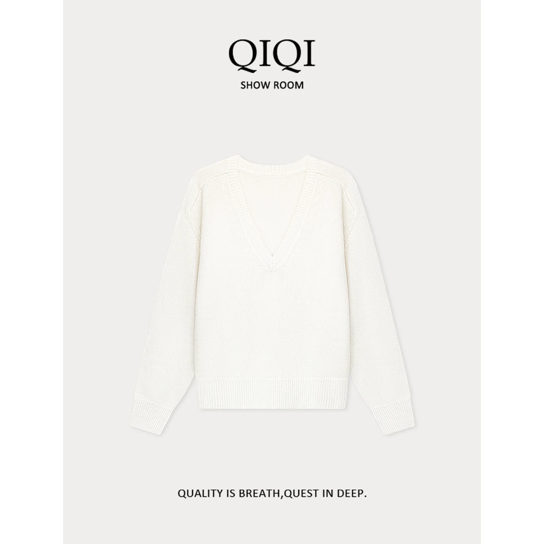 QiQi “温柔已至”山羊绒羊毛混纺宽松百搭大V领毛衣
