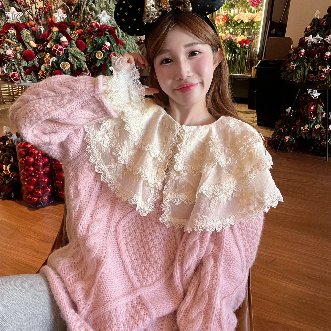 JENNIFERJXLIU奶呼呼的粉红色^菱形麻花马海毛衣宽松套头盖臀毛衣