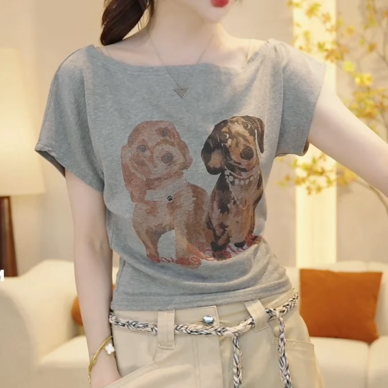 夏季设计师个性露肩狗狗短袖体恤显瘦上衣女潮流洋气时尚