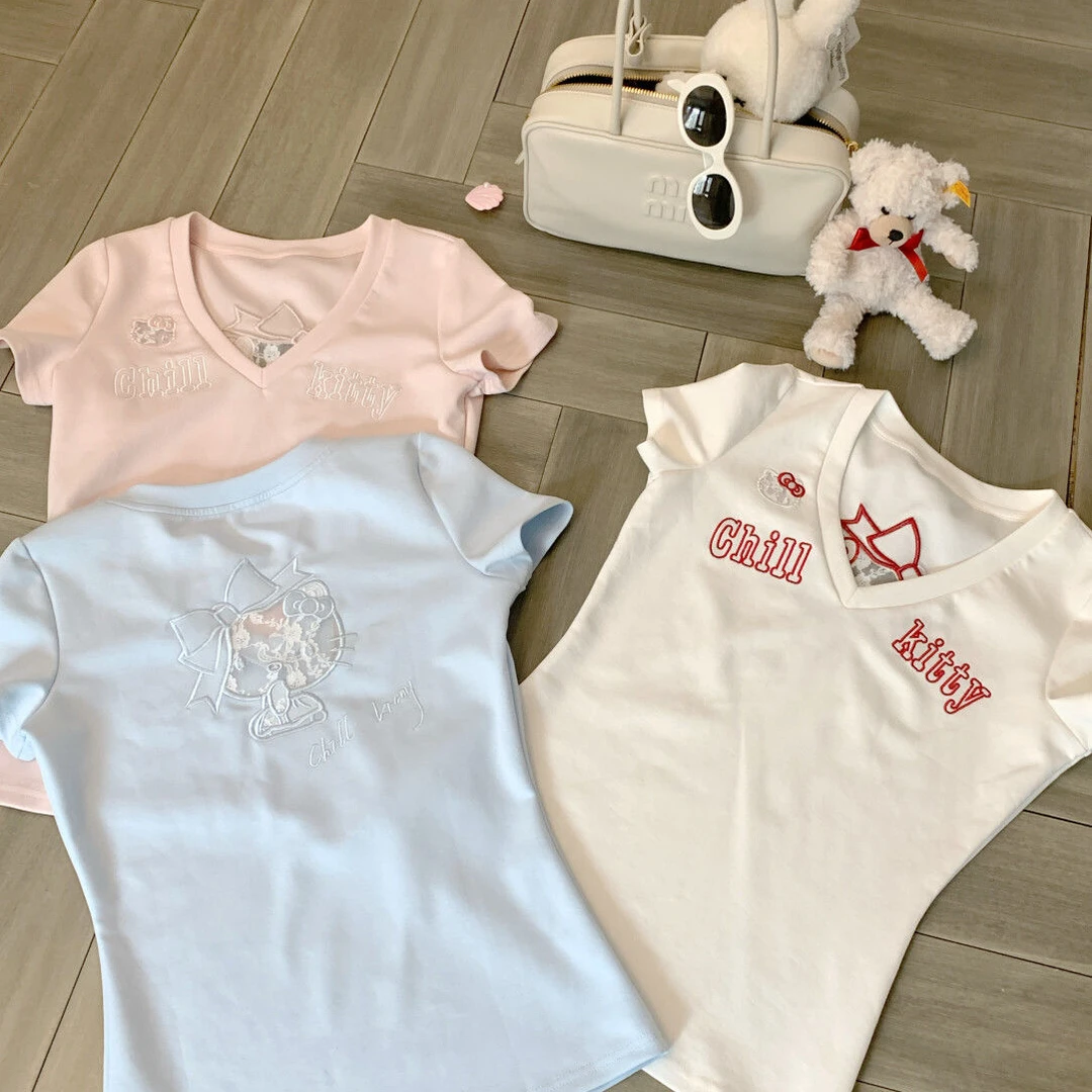 【ZHAP】V领辣妹正肩短袖t恤女日系通勤风多巴胺春秋款百搭上衣潮流