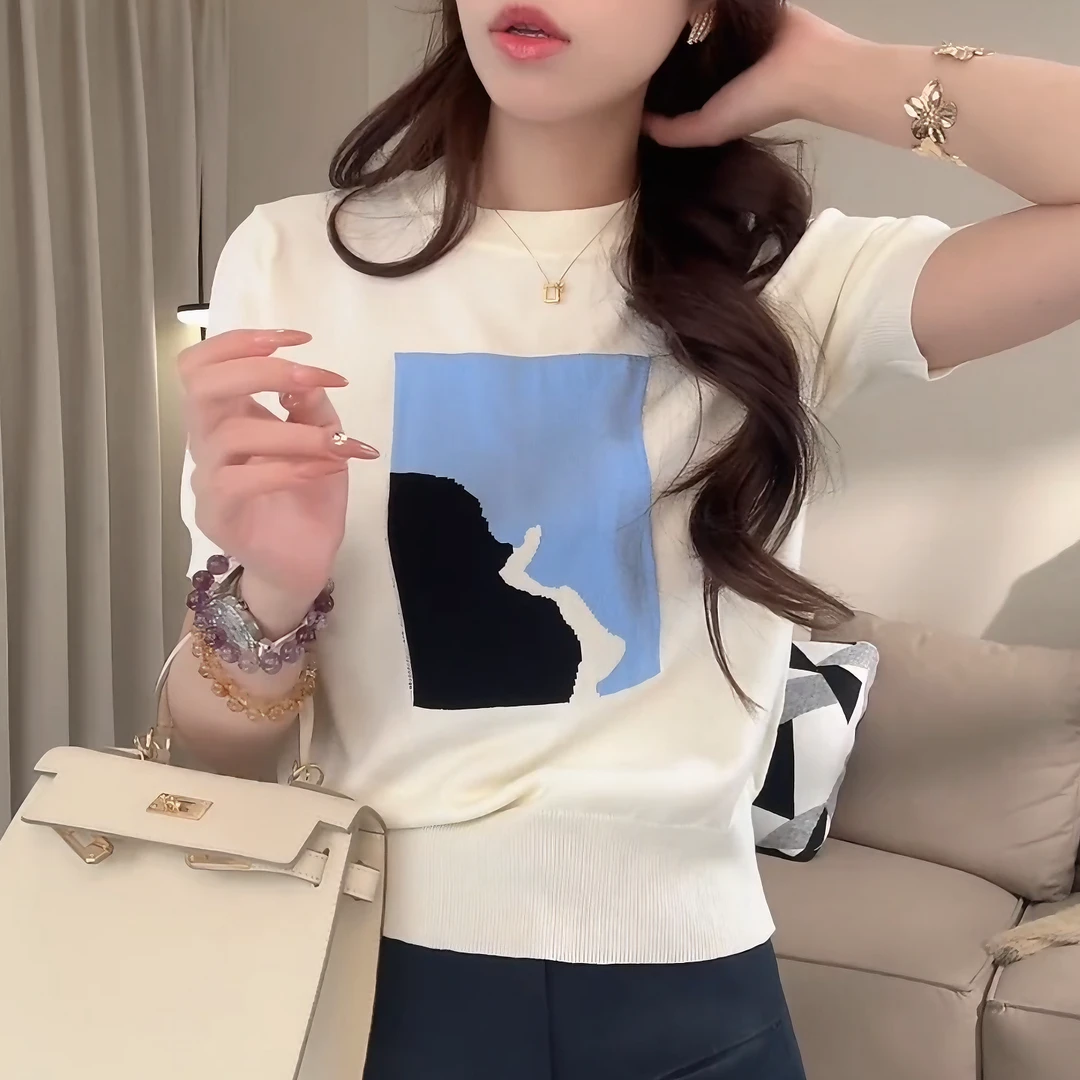 2025夏季撞色气质休闲圆领针织衫夏季薄款拼接短袖上衣LK2503596