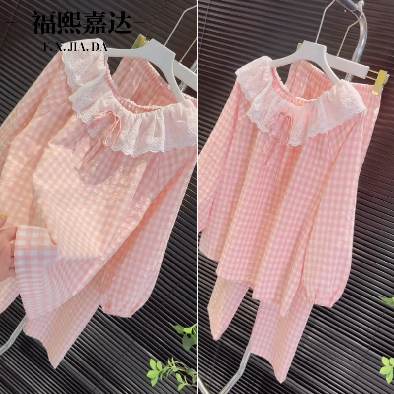 韩版ins甜美睡衣女春季新款网红爆款宽松休闲少女蕾丝边家居服套