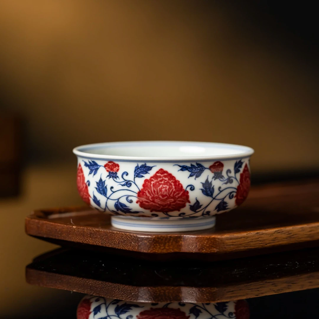 〖瑶瑶甄选〗片云晚谷釉里红牡丹矮炉式杯手绘PYWG0153景德镇高端