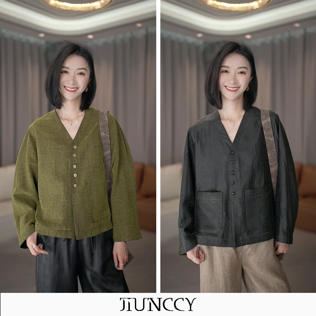 JIUNCCY【芙蕖】非遗龟裂纹香云纱双面双色扣V领长袖外套52YWT034