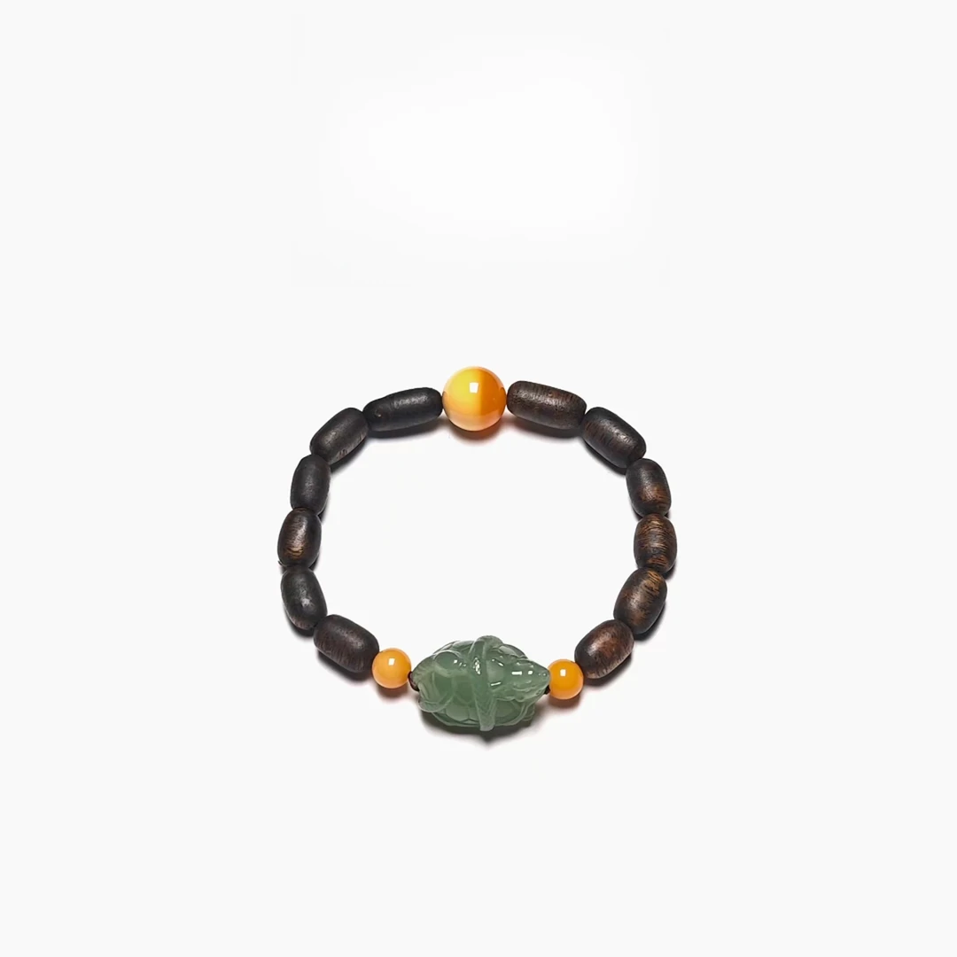 【然道珠宝】沉香树心油DIY白加绿玄武单圈手串文玩国风木手串