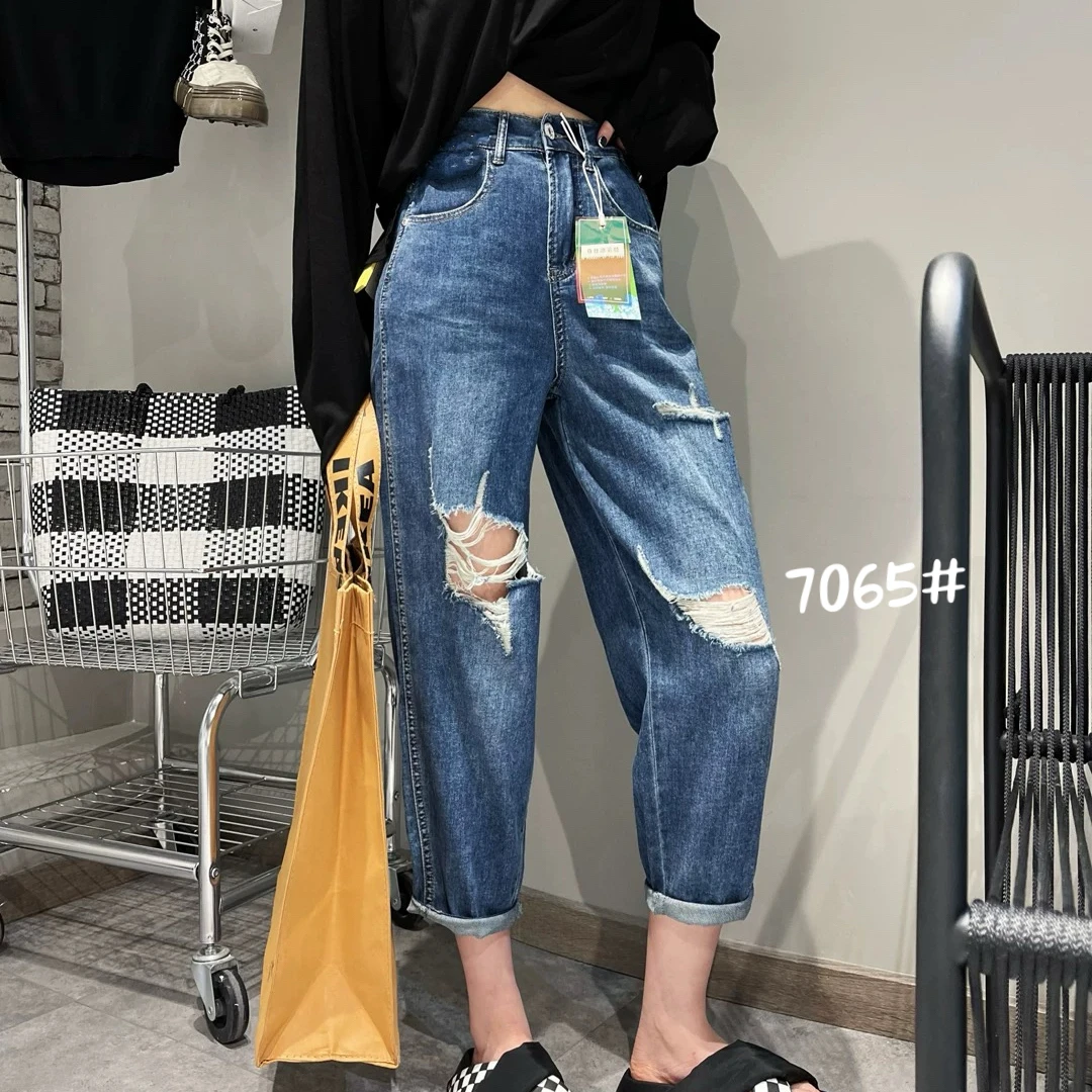 【胖彤彤】7065#破洞水洗牛仔老爹裤Y/145