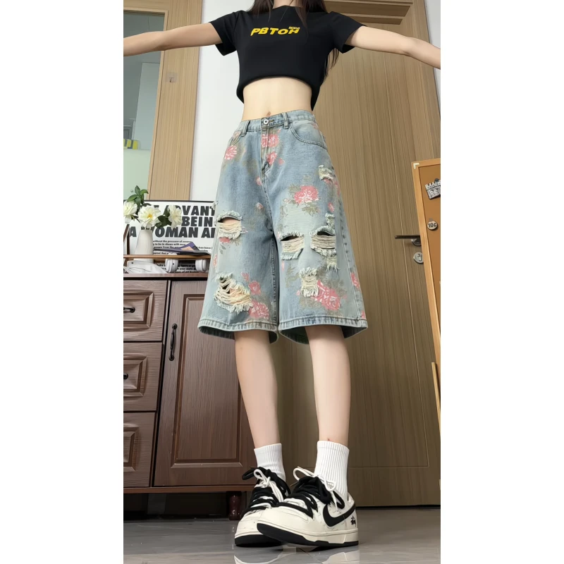 PAKA小众满印玫瑰花牛仔裤男夏季新款美式高街vibe高级感阔腿短裤