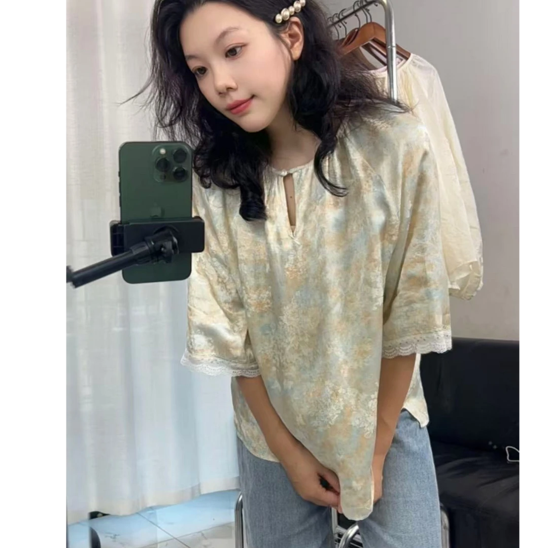 高品质重工晕染提花新中式衬衫女宽松夏季新款碎花气质小众设计感