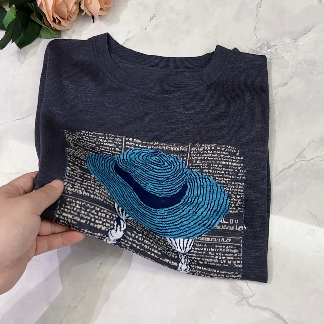 醋酸麻时尚百搭大草帽短袖套头女夏季上衣