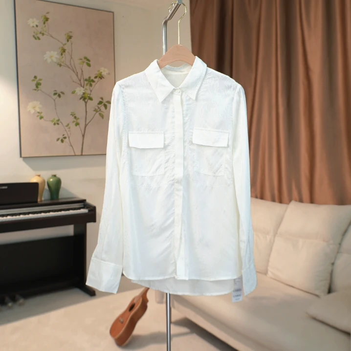 G520 经典白色提花纹长袖衬衫女 438321