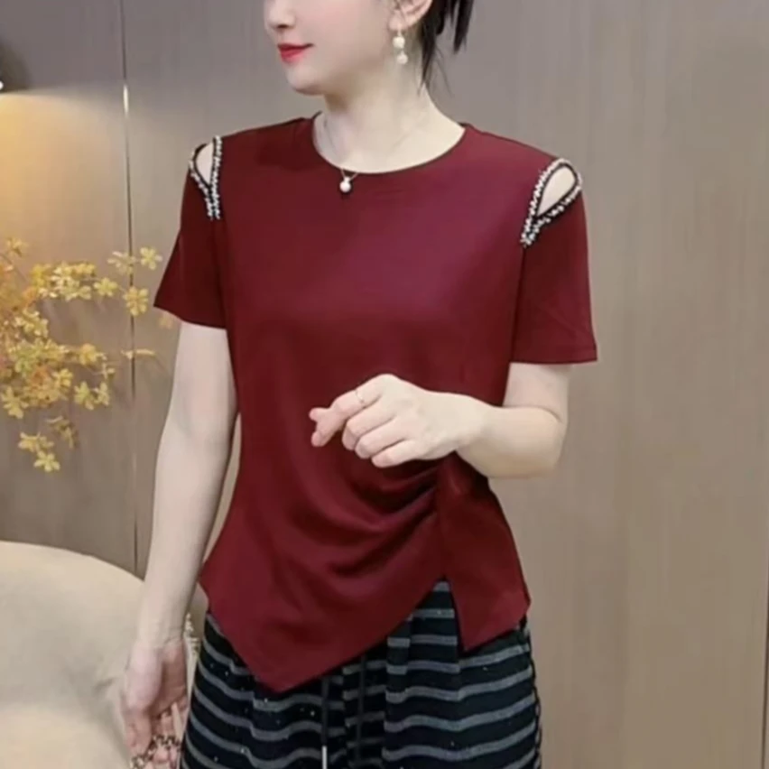 2025夏季新品气质时尚百搭钉珠短袖遮肚子设计感开叉T恤上衣#3512