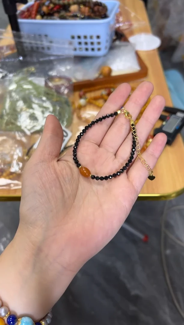 手链未镶嵌碧玺蜜蜡枣珠黑碧玺切面珠手链[0737]