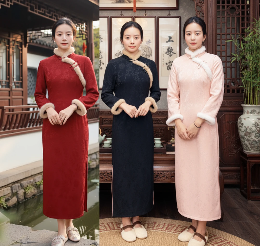 【三秋】冬季少女小个子加绒加厚保暖新中式旗袍修身显瘦日常年会穿