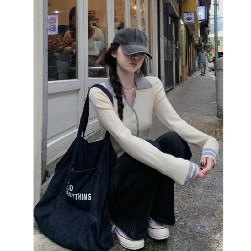 M0633韩系高级白色翻领拼接针织衫女2025冬长袖毛衣内搭打底上衣