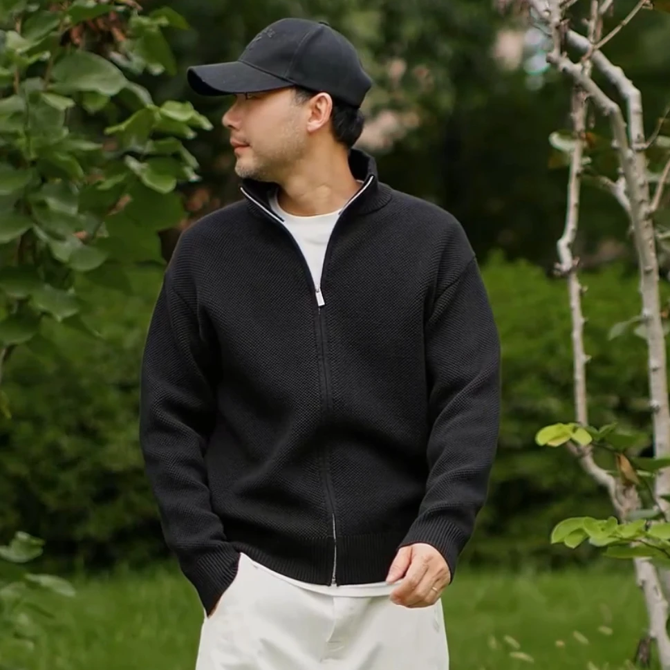 【布凡男装专属】秋冬季纯棉双层加厚针织拉链立领开衫外疏内密毛衣