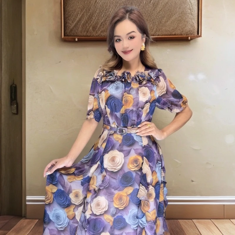 时尚碎花显瘦气质印花优雅连衣裙8683