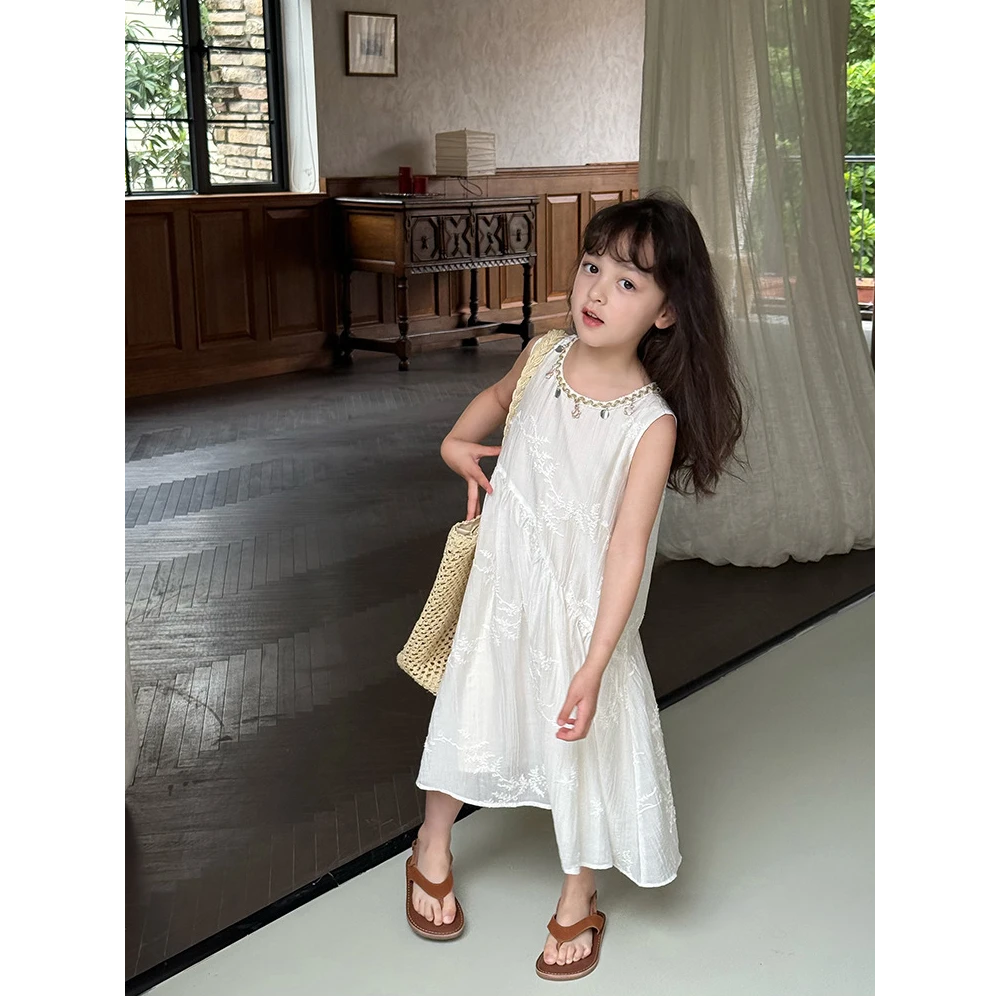 【新品】女童夏季洋气度假风连衣裙质感条绣花公主背心裙25E026