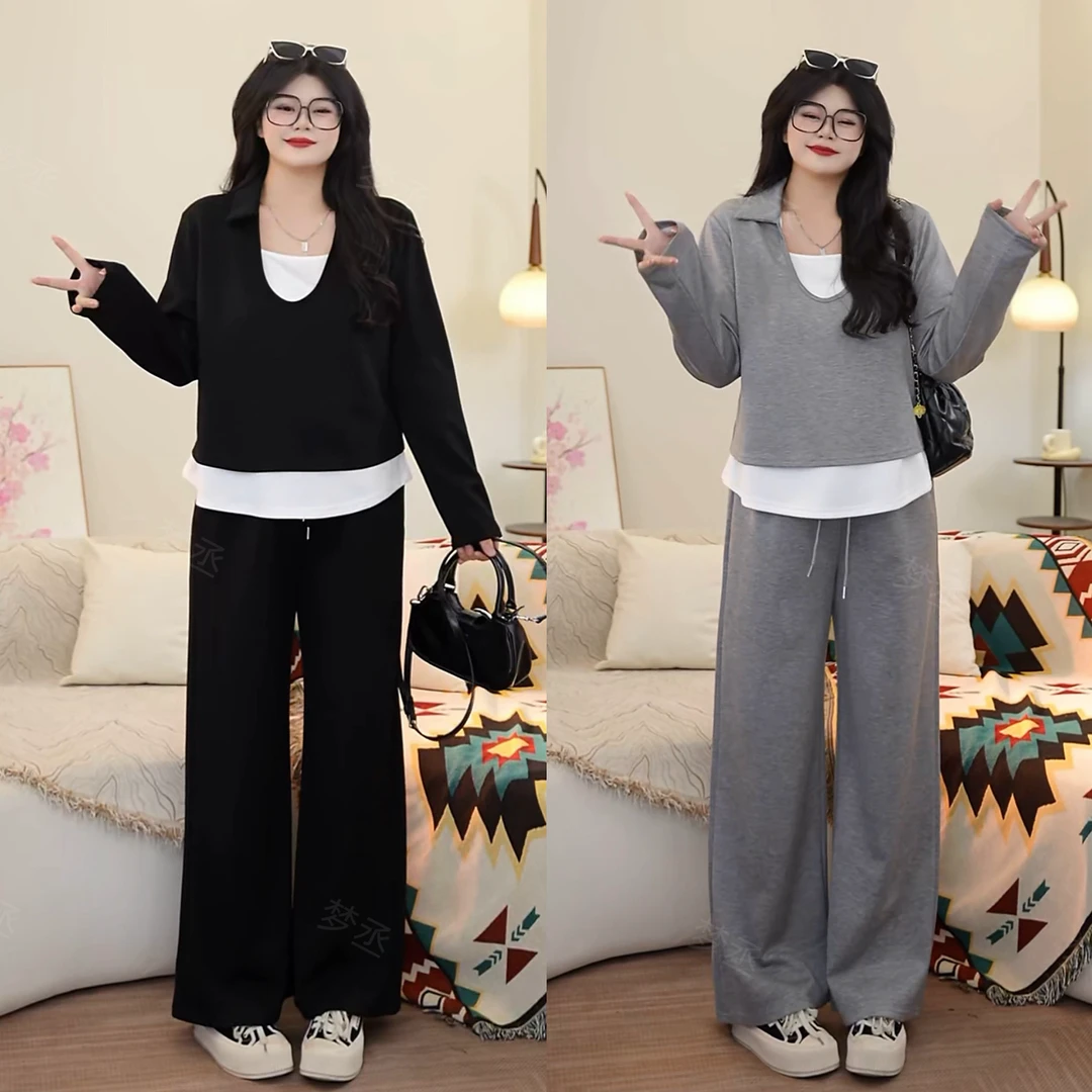 梦丞-冬季显瘦大码女装设计感软糯假两件休闲上衣+阔腿裤两件套