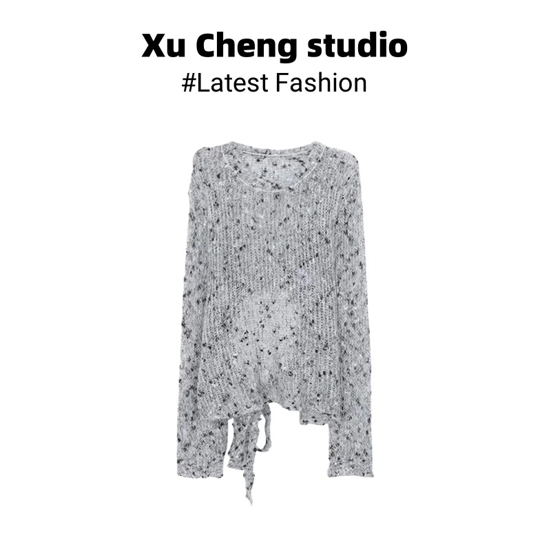 独特漂亮小衫后背绑带针织衫长袖上衣女装洋气时髦气质宽松阔腿裤