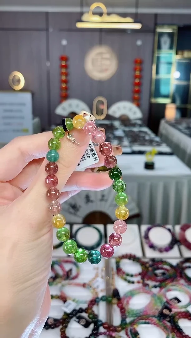 老矿碧玺色标彩虹透体单圈手串7mm+未镶嵌碧玺dan多样性发货一条