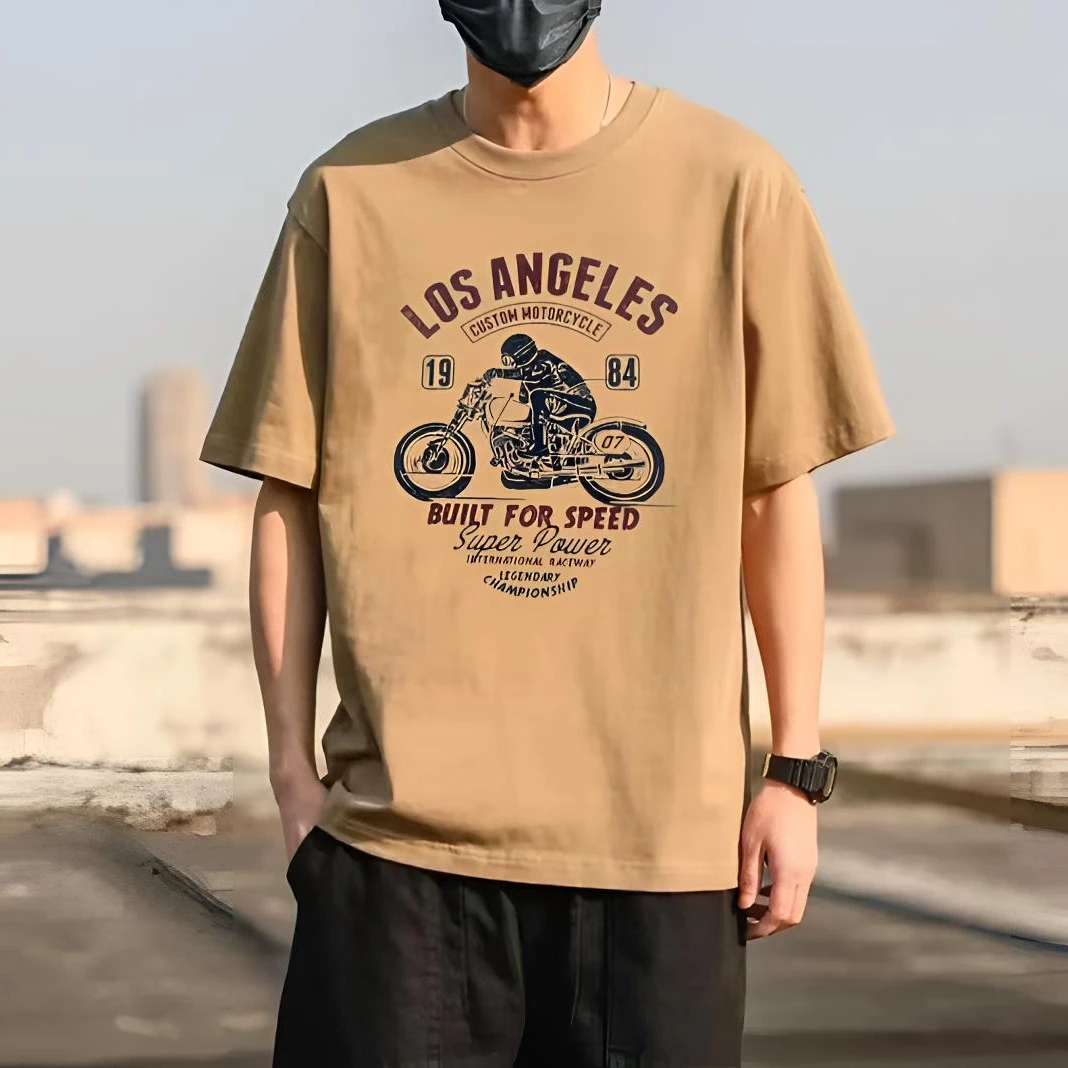 重磅纯棉美式休闲复古印花短袖T恤男士圆领潮流上衣