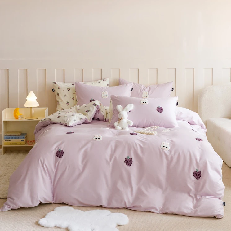 左柚家丨葡萄小兔  卡通可爱小清新全棉刺绣三件套床笠四件套床品