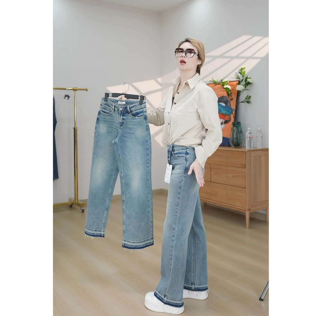 中高腰直筒宽松长裤弹力复古洗水.秋节欧美休闲风.时尚风牛仔裤
