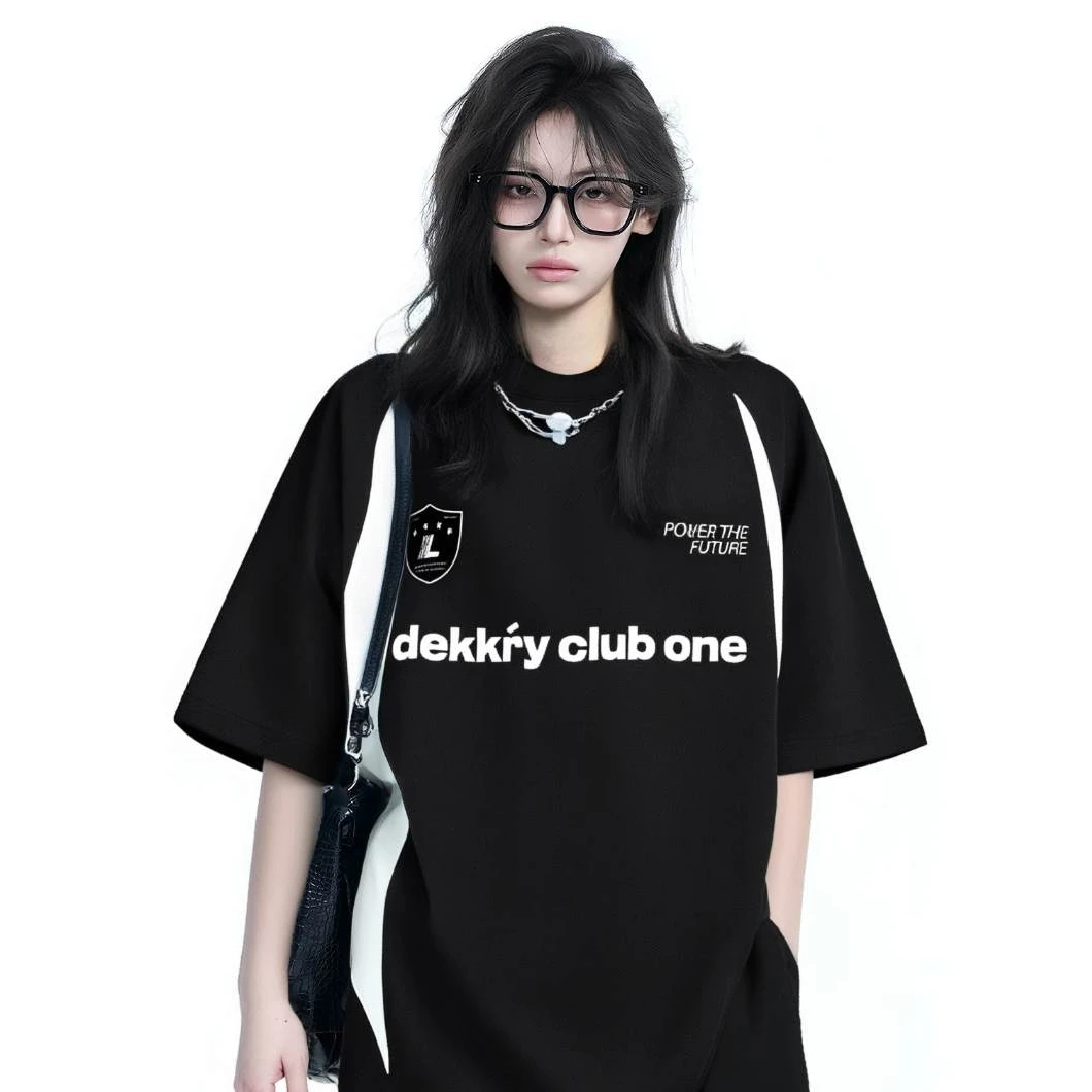 Dekkry潮牌美式撞色拼接短袖t恤男女夏季复古纯棉重磅插肩袖