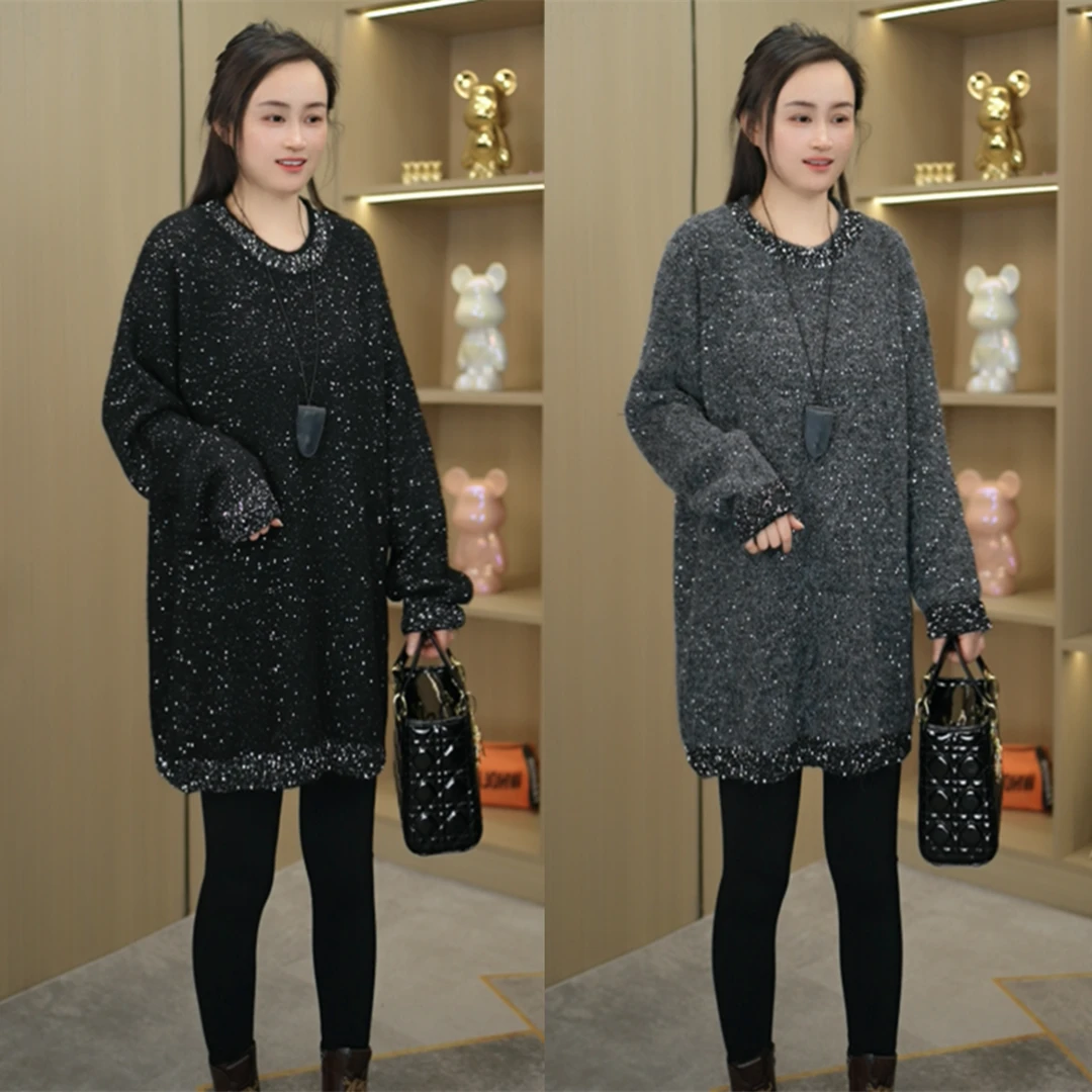 冬季新款 亮晶晶圆领针织毛衣洋气时尚百搭慵懒风毛针织衫